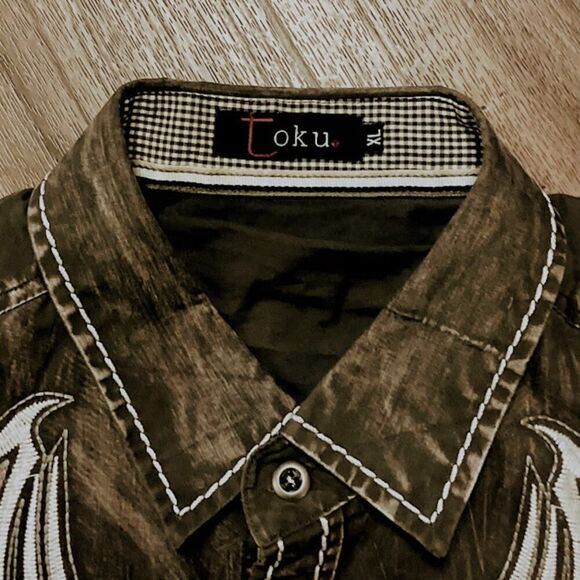 Toku Long Sleeve Button Down Embellished Western Shirt in Washed Brown XL - Picture 4 of 10